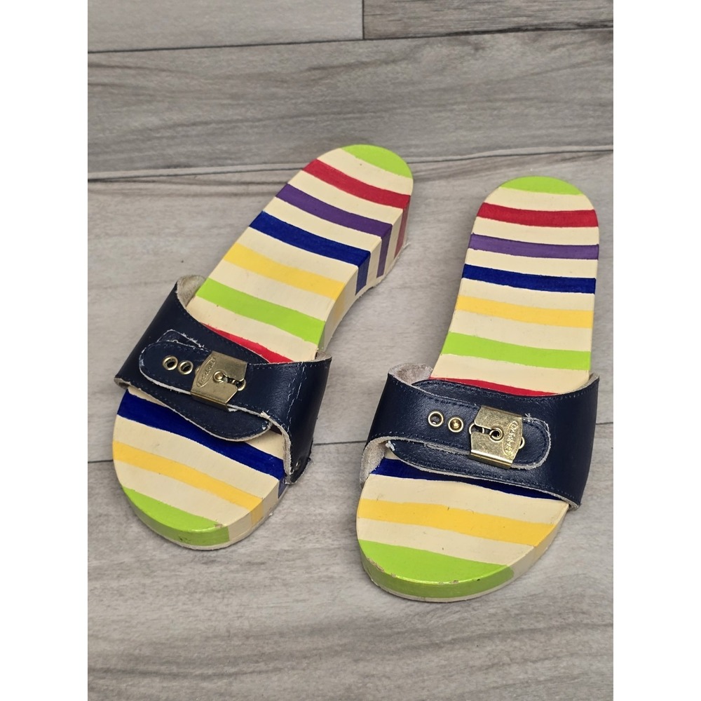 Dr Scholls Wooden Slide Sandals Womens 8 Original Clog Stripes Rainbow Custom